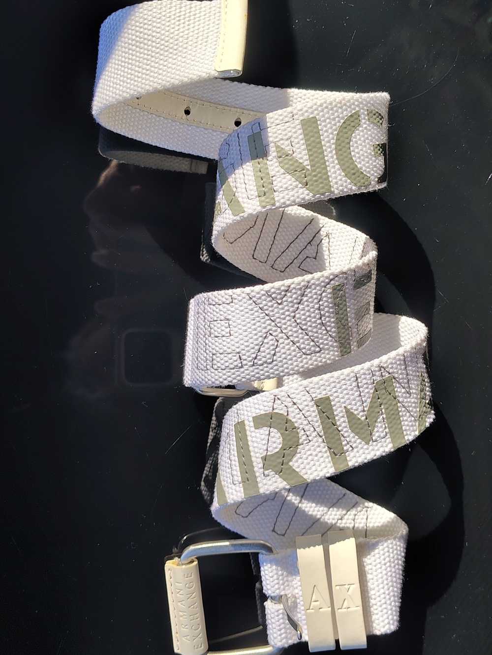 Armani Exchange White Canvas Belt with Silver Grey Logo Women's Sz S